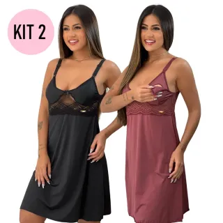 Renda Feminina Camisola Maternidade Pós Parto - Kit 2 - PRETO,VERMELHO