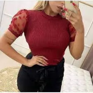 Roupas Femininas Verão Blusinha Tule Manga Curta Bufante Canelada - Amarelo