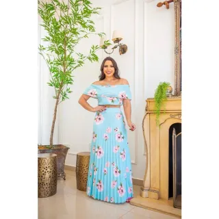 Moda Evangelica - Conjunto Longo Saia Plissada + Cropped Ombro a Ombro - Branco