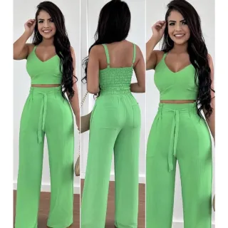 Calça pantalona e cropped feminino em alfaiataria duna areia - Rosa