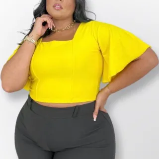 Cropped feminino plus size, blusinha manguinha, todas as cores do verão - Amarelo