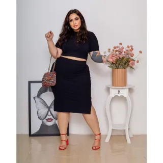 Tendência Verão: Conjunto Cropeed e Saia Midi em Malha de Algodão Canelada Plus Size - Amarelo