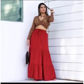 Saia Branca Longa Três Maria Cintura Alta com Forro - Vermelha