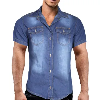 Camisa Luxo Slim Fit Masculina Manga Curta Bolso Jeans Lycra - Delavê - CLARA