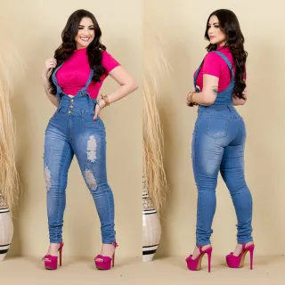 Jeans Macaquinho Feminino Cintura Alta Escuro - Jardineira - Macacão Claro Com Detonado