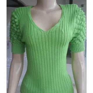 Blusa Manga Curta Feminina Tricô Gola V Trabalhada - Fúcsia