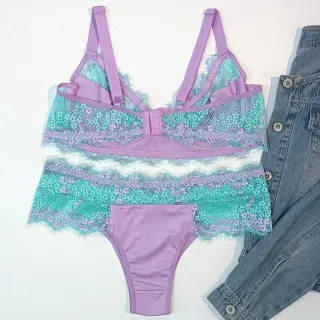 Conjunto Bicolor Plus Size 565 - Lingerie de Renda Tamanho Especial - Lilas/Verde