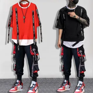 Conjunto Largo Preto Calças Cargo Masculina Hip Hop + Camiseta Estampa De Bainha De Buraco - Camiseta vermelha