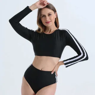 Biquini Preto Manga Longa U.V Top Cropped com Listra - Proteção Solar - Preto