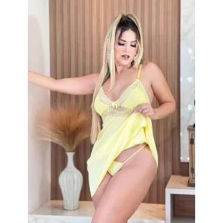 Lingerie Feminina Renda Camisola Sexy com Calcinha Fio Dental - Azul