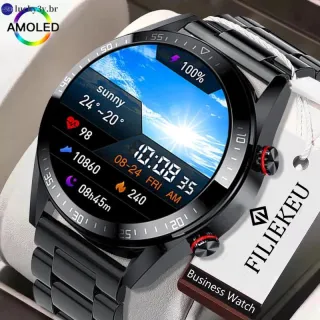 Relógio inteligente FILIEKEU com tela AMOLED e chamada bluetooth - Smartwatch multifuncional de luxo para Android IOS + caixa - Casca de Laranja