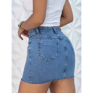 Saia Jeans Desfiada com Brilho e Zíper - Barra Mini Bolso - Azul Claro