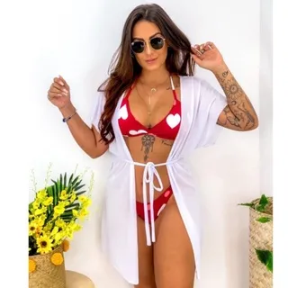 Envio imediato! Pareô leve rosa mel - Saida de praia kimono - Vermelho