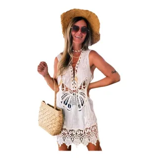 Blus Indiana Túnica Detalhes Bordado Saída de Praia Feminina - Bege