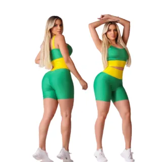 Cropped e Short Fitness - Cintura Alta (Zero Transparência) Conjunto - Verde e Amarelo