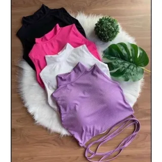 Promoção Blusinha Jade Malha Canelada Cropped Top Gola Alta - Preto