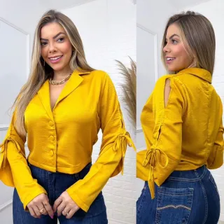 Camisa Feminina Social Liso com Detalhes em Botões na Manga - Material Novo - Branco