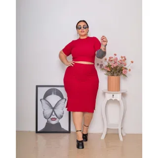 Tendência Verão: Conjunto Cropeed e Saia Midi em Malha de Algodão Canelada Plus Size - Amarelo