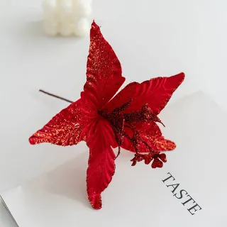 Decorações de Natal Glitter Flores Artificiais Falsas - Enfeites para Árvore Feliz - red gold_14cm