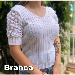 Blusa Manga Curta Feminina Tricô Gola V Trabalhada - Fúcsia