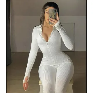 Moda Gringa: Macacão Manga Longa Nude Canelado com Zíper 3D - Nude Canelado -301