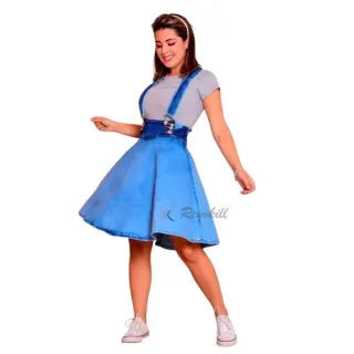 Moda Evangélica Jardineira Jeans Selena Salopete - azul-aço