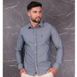 Trabalhado Algodão Manga Longa Social - cinza chumbo