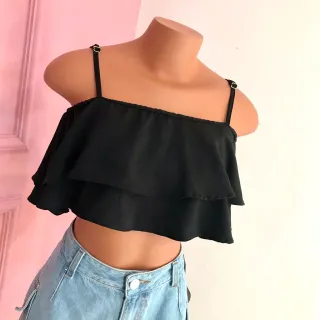 Moda Feminina 2023: Cropped com Camadas de Babados, Alça Gringa - Verde Militar (Air Flow)
