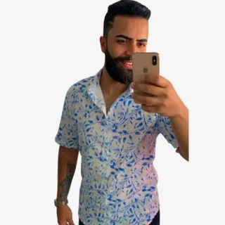 Camisa Slim Masculina Estampada Listrada - Compre Online na Raryel - 28- Floral Branca e Azul