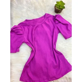 Super Moda Blusa Canelada Feminina Princesa Manga Curta Bufante - Branco