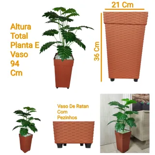 Vaso Decorativo com Planta Artificial de Folhagem - Decoração Ornamental - Telha 35cm