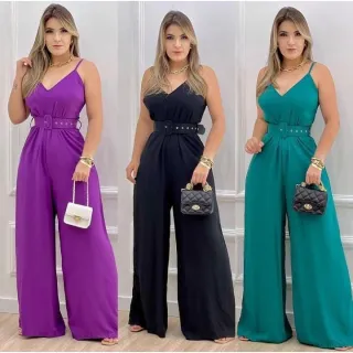 Widepeg Pantalona Feminino - Macacão Sofisticado Elegante com Cinto - Alcinha Azul