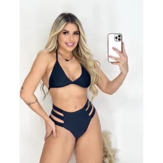 Biquínis Hot Pants: Kit com 2 unidades, Cintura Alta e Detalhe nas Laterais - Preto/branco