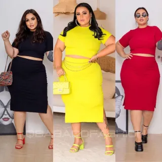 Tendência Verão: Conjunto Cropeed e Saia Midi em Malha de Algodão Canelada Plus Size