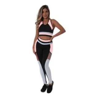 Top e Legging Fitness com Tela e Bolso - Conjunto C79 - Preto neon