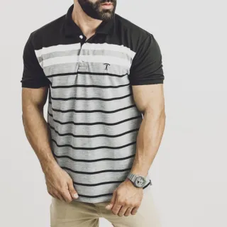 Chief Clothing - Camisa Polo Masculina de Malha Piquet Verão em 100% Algodão - Preto com Branco e Cinza