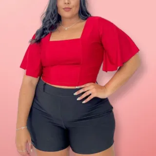 Cropped feminino plus size, blusinha manguinha, todas as cores do verão - Amarelo