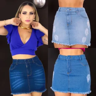 Destroyed Saia Jeans Feminina Cintura Alta - Saia média