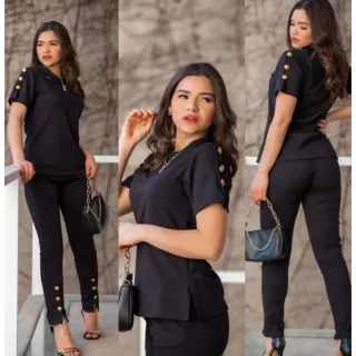 Jacquard Super Elegante Conjunto Feminino de Calça e Blusa - Rosa Pink