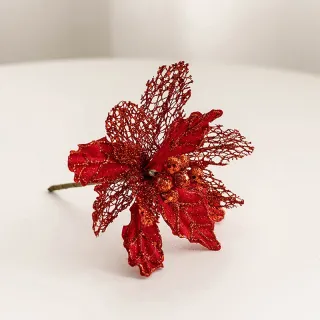 Decorações de Natal Glitter Flores Artificiais Falsas - Enfeites para Árvore Feliz - red gold_14cm