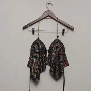 Cropped Frente Única Lurex e Paetê com Corrente Feminino - Rosa Paetê Quadrado Rosa