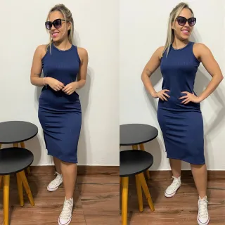 Vestido Feminino Midi Regata Canelado com Fenda Lateral - P ao GG - Vermelho