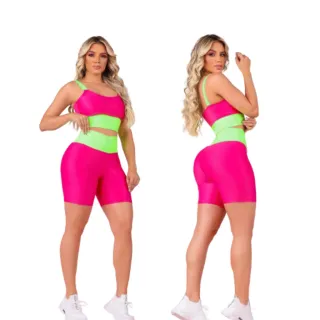 Cropped e Short Fitness - Cintura Alta (Zero Transparência) Conjunto - Verde e Amarelo