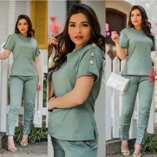 Jacquard Super Elegante Conjunto Feminino de Calça e Blusa - Rosa Pink