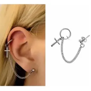Argola com Cruz e Corrente em Aço Inox - Modelo Variado - 1furo+pressão com Cruz