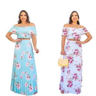 Moda Evangelica - Conjunto Longo Saia Plissada + Cropped Ombro a Ombro