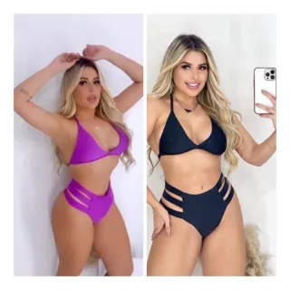 Biquínis Hot Pants: Kit com 2 unidades, Cintura Alta e Detalhe nas Laterais - Preto/branco