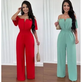 Ombro a ombro canoa macacão longo - Vermelho