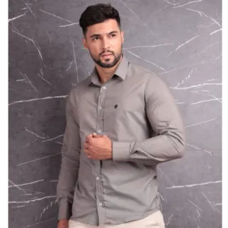 Trabalhado Algodão Manga Longa Social - cinza chumbo