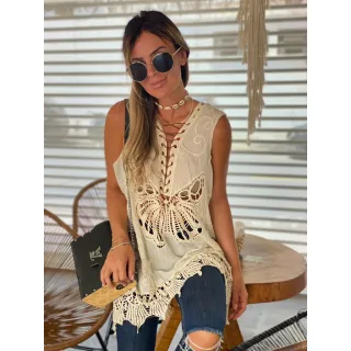 Blus Indiana Túnica Detalhes Bordado Saída de Praia Feminina - Bege